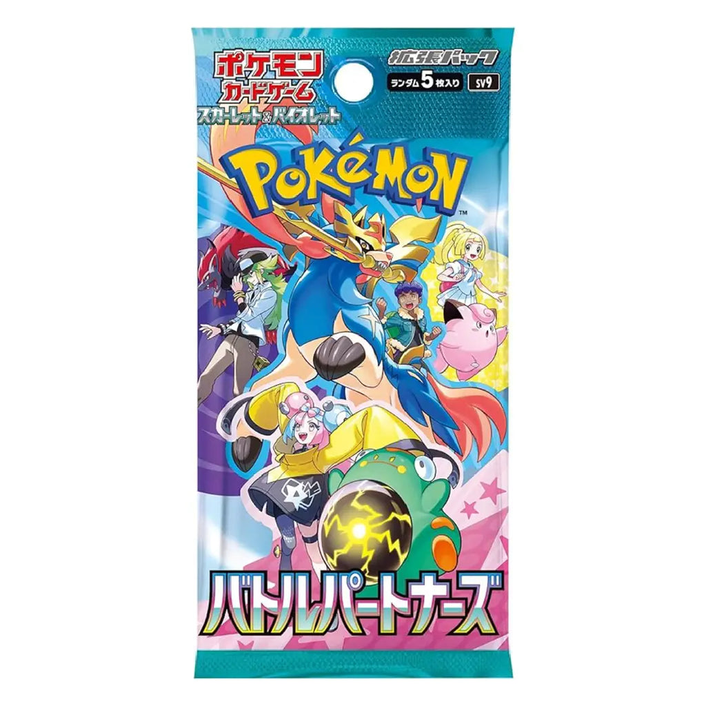 A Pokémon booster pack featuring Battle Partnership artwork with colorful anime characters and the Pokémon logo on a white background.