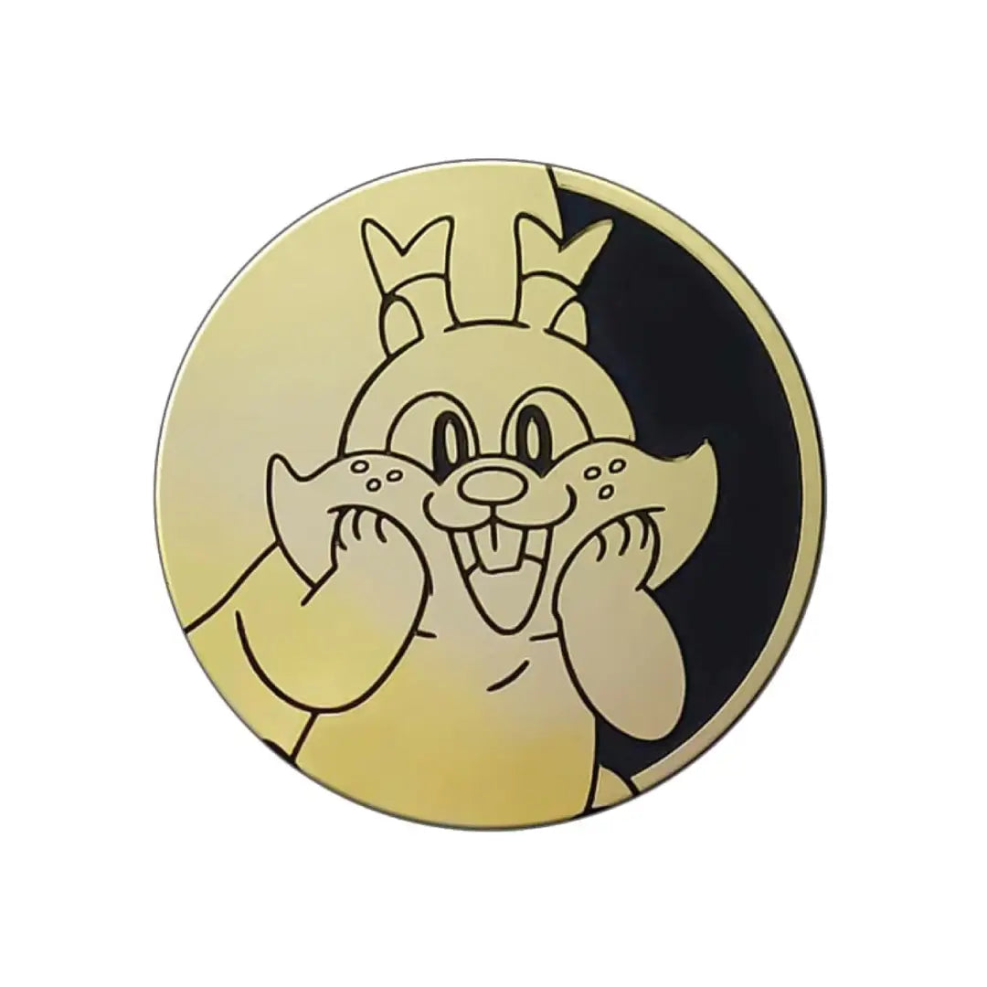 A round enamel pin featuring a stylized cartoon rabbit character in gold and black, shown on a plain white background.