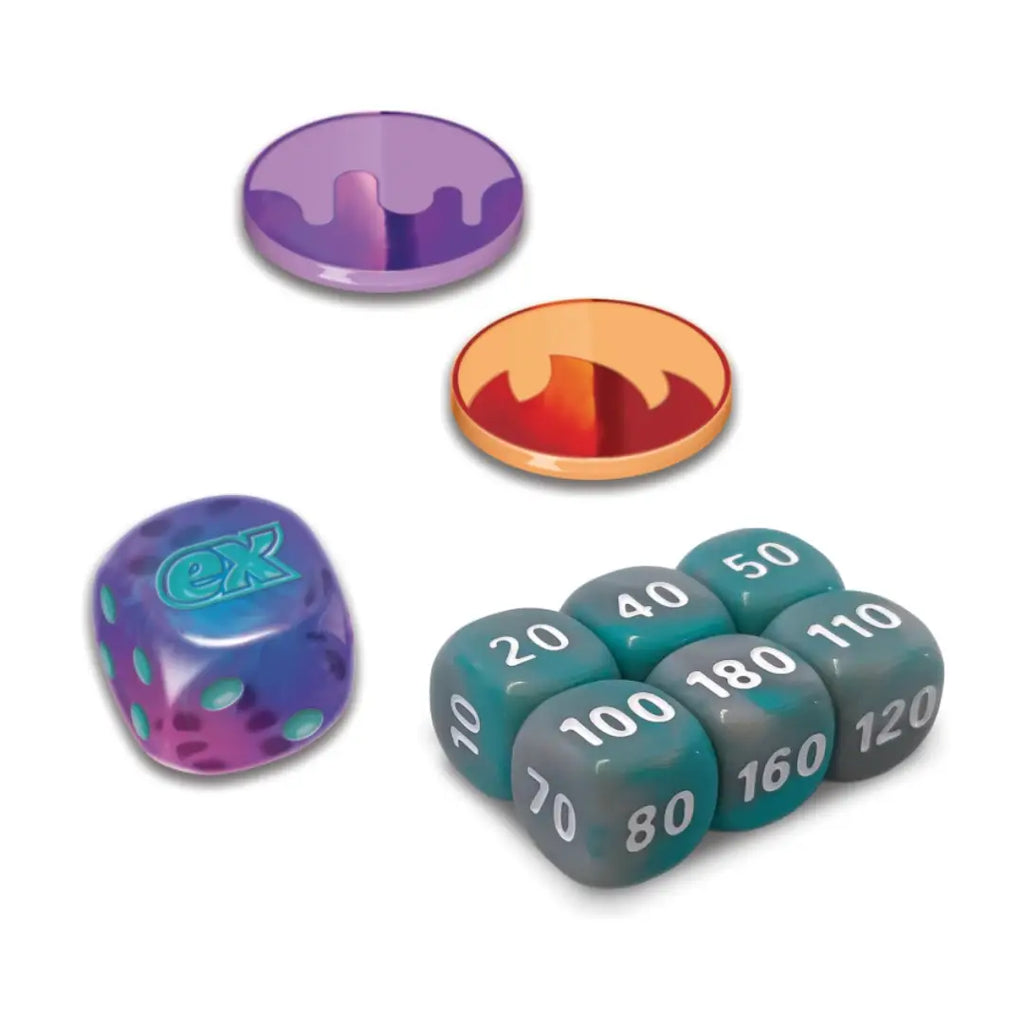 A set of translucent polyhedral dice and circular token pieces on a plain white background. The dice include purple, blue-green, and gray translucent faces with white printed numbers, and the circular pieces are purple and orange.