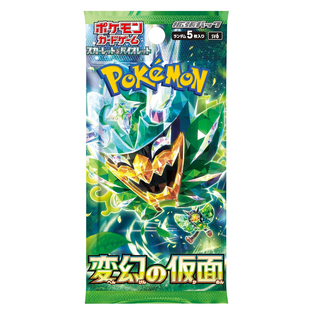 Pokémon Mask of Transformation trading card game pack with a green and blue design featuring a Pokémon character collector ace