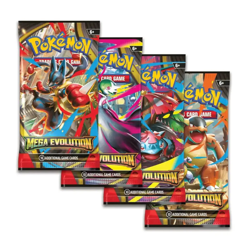 Four Pokémon TCG booster packs from the Mega Evolution set, arranged in a cascading fan layout on a plain white background.