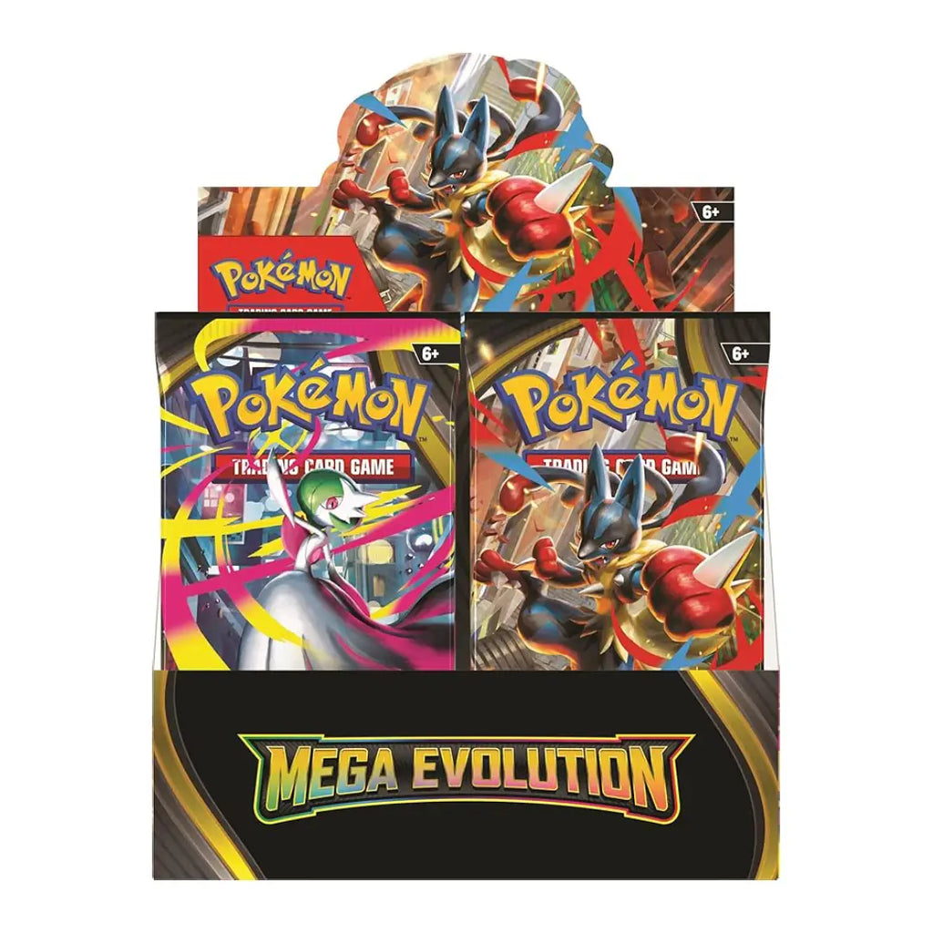 A Pokémon Mega Evolution trading card display box with illustrated character art and the Pokémon logo visible on the front and top panels.