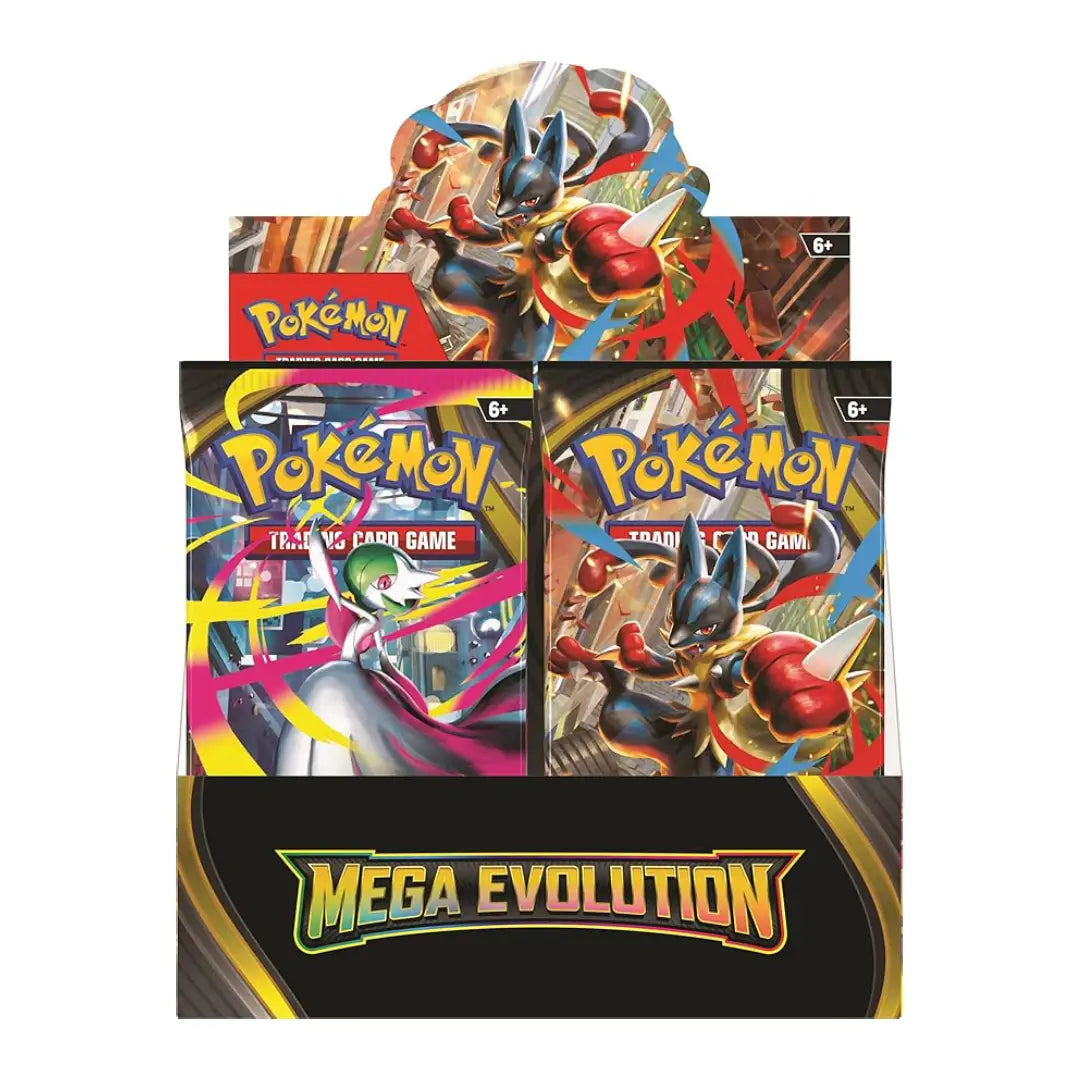 A Pokémon Mega Evolution trading card display box with illustrated character art and the Pokémon logo visible on the front and top panels.