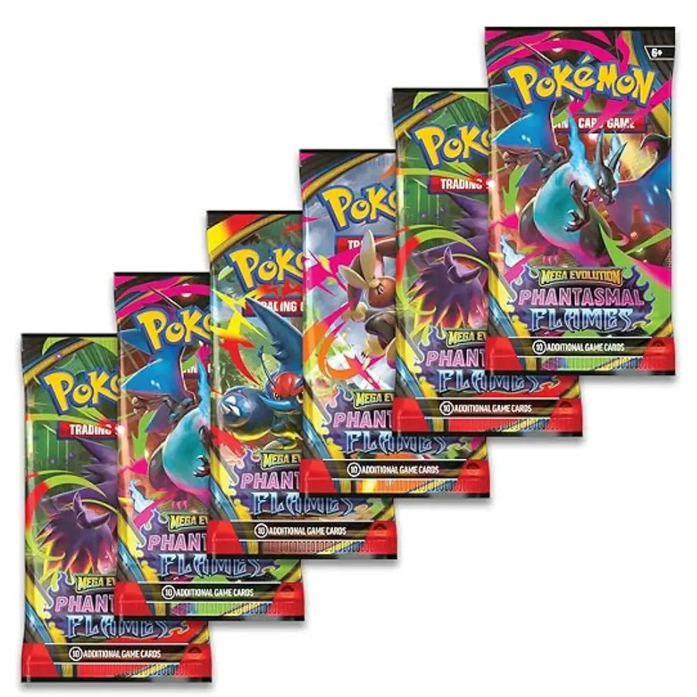 Collection of  Pokémon trading card packs on a white background of phantasmal flames available in mumbai india collector ace