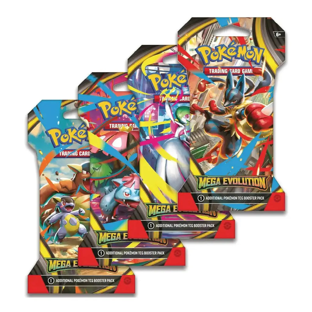 Four Pokémon Trading Card Game Mega Evolution booster packs arranged in a cascading stack on a plain white background. The packs feature colorful artwork with various Pokémon characters and bold yellow, red, blue, and black packaging accents.