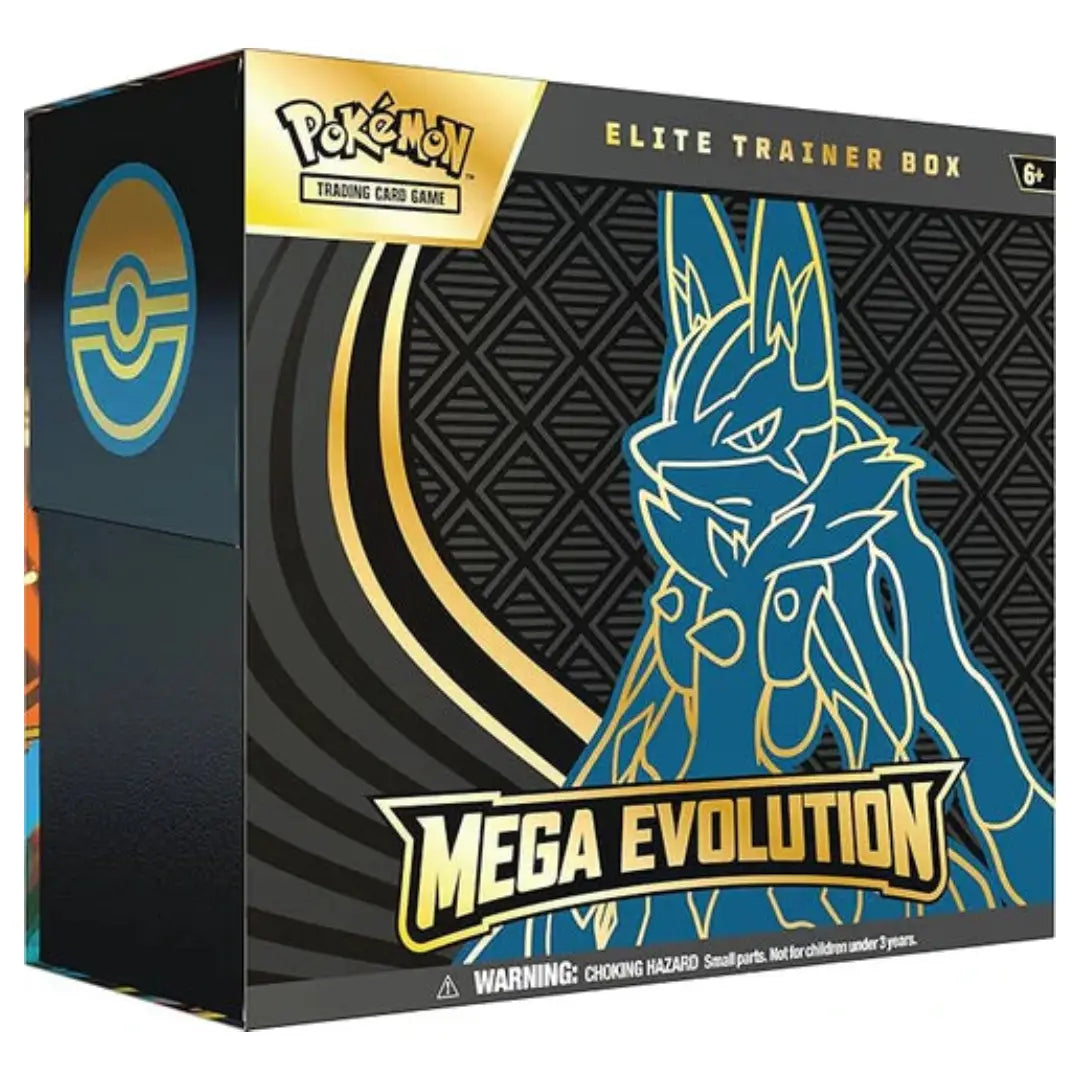 Pokémon Elite Trainer Box Mega Evolution card box packaging, featuring a blue and black illustration of a Pokémon on a dark patterned background with gold accents.