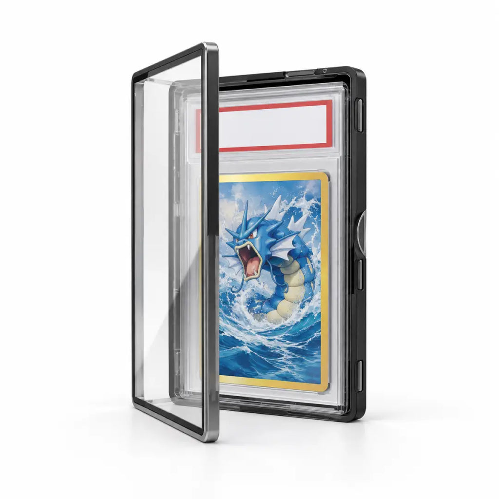 Metal frame magnetic slab holder designed for secure display, storage, and protection of PSA and other graded trading cards.