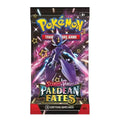 Pokémon Scarlet & Violet Paldean Fates booster pack featuring a purple character illustration with pink energy effects and the Pokémon logo at the top.