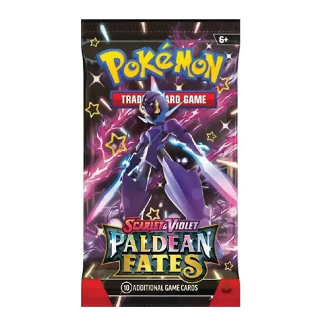 Pokémon Scarlet & Violet Paldean Fates booster pack featuring a purple character illustration with pink energy effects and the Pokémon logo at the top.