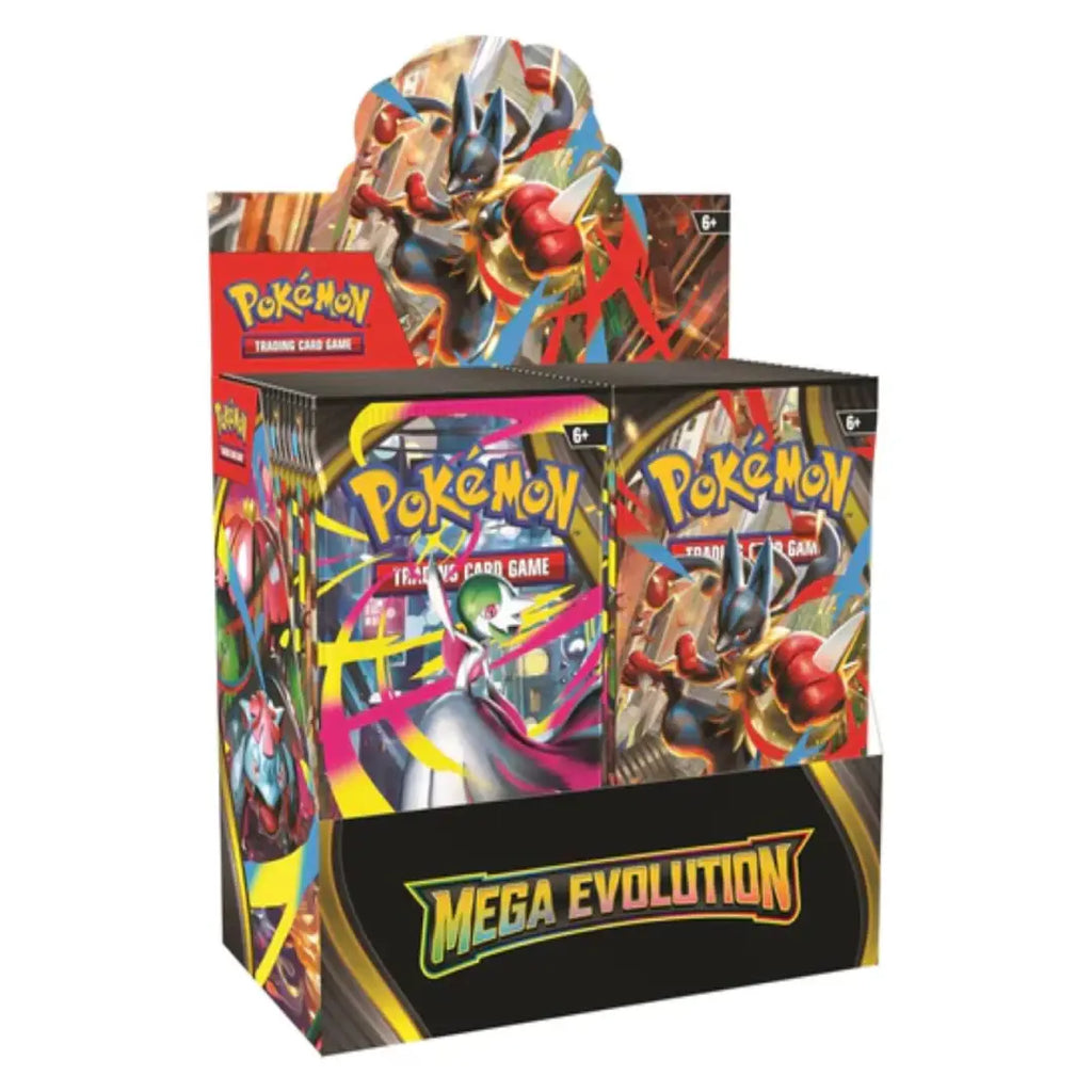 Pokémon trading card game boxes with Mega Evolution theme on a white background