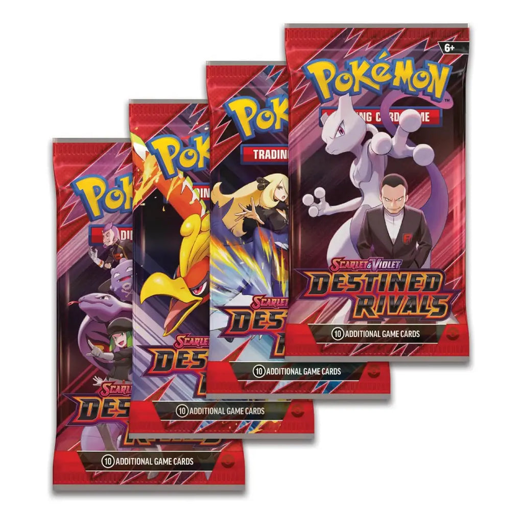 Four Pokémon Trading Card Game booster packs fanned out on a white background, featuring Scizor, Despancer, and Destiny Rivals designs.