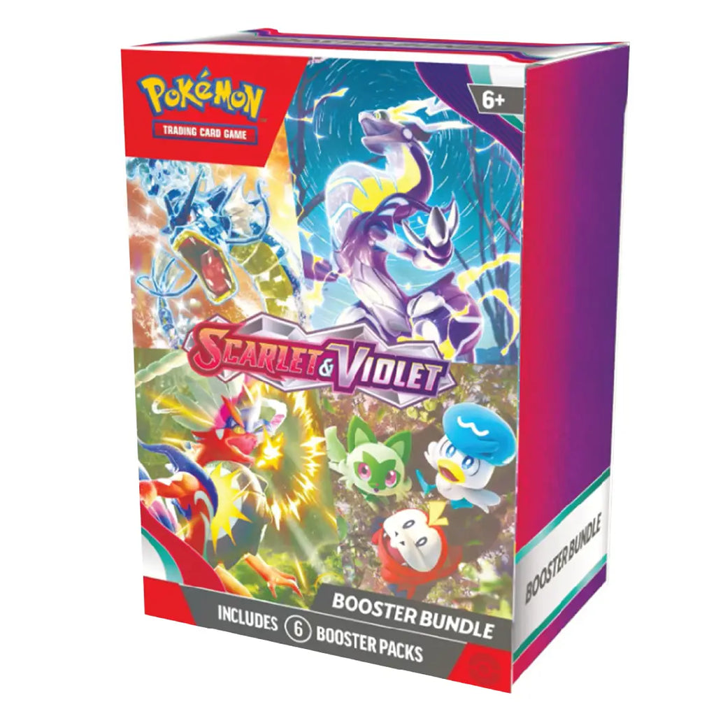 Pokémon Trading Card Game Scarlet & Violet Booster Bundle box, featuring colorful artwork of the Scarlet and Violet starter characters on the front, with red, purple, and white packaging.