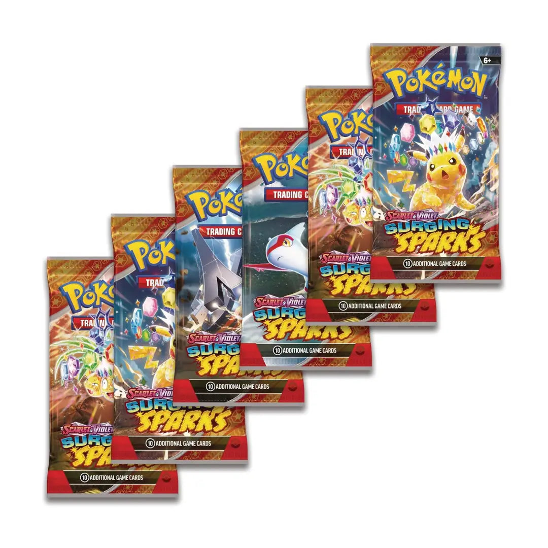 Five Pokémon Trading Card Game booster packs fanned out diagonally on a white background, showing different Spark series and XY Evolutions packs.