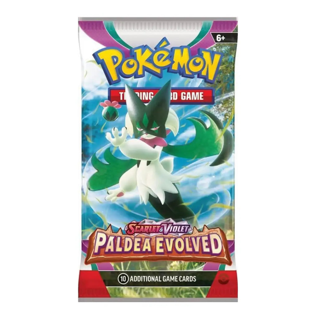 A Pokémon Trading Card Game booster pack for Scarlet & Violet Paldea Evolved, featuring a white and green Paldea character on the front cover against a white background.