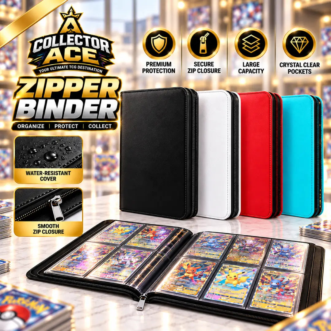 Collector Ace premium 9-pocket side-loading trading card binder with zipper closure and 360-card capacity for Pokémon, ONE PIECE, sports and TCG cards.