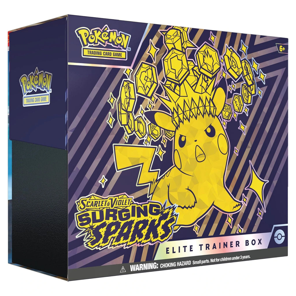Pokémon trading card game box with Pikachu on a purple and yellow striped background available in Mumbai India