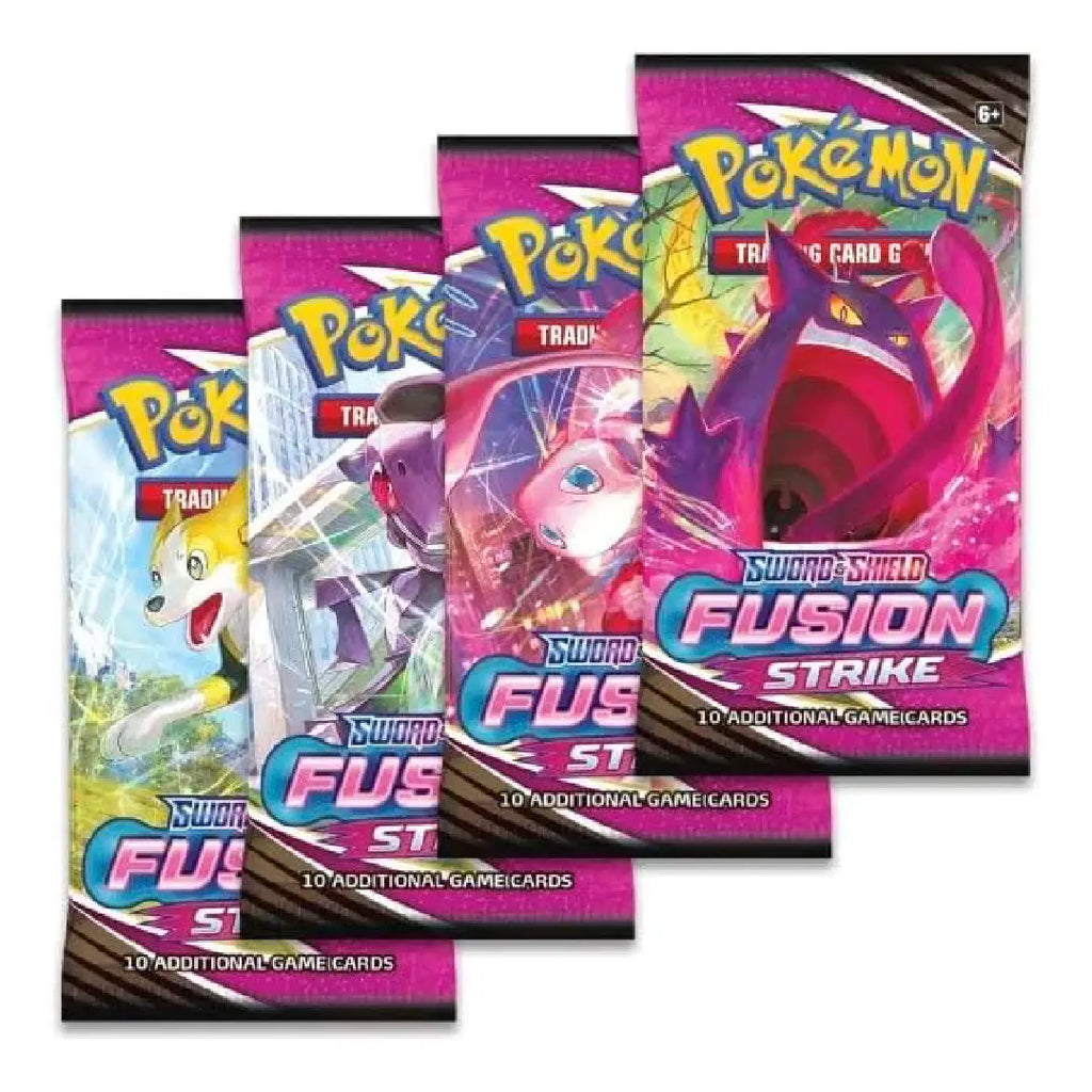Four Pokémon Trading Card Game fusion card booster packs fanned out on a white background, featuring Sword Shield Fusion Strike with various character art including Pichu, Togepi, Abosword, and a dark pink dragon.