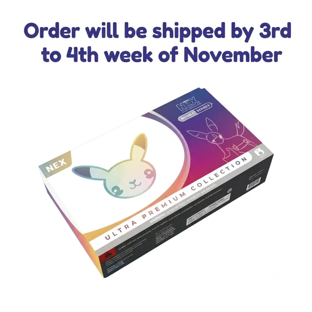 A box of NEX Ultra Premium Collection face masks with a colorful gradient design featuring a bunny illustration, overlaid with the text 'Order will be shipped by 3rd to 4th week of November' in dark blue font on a white background.