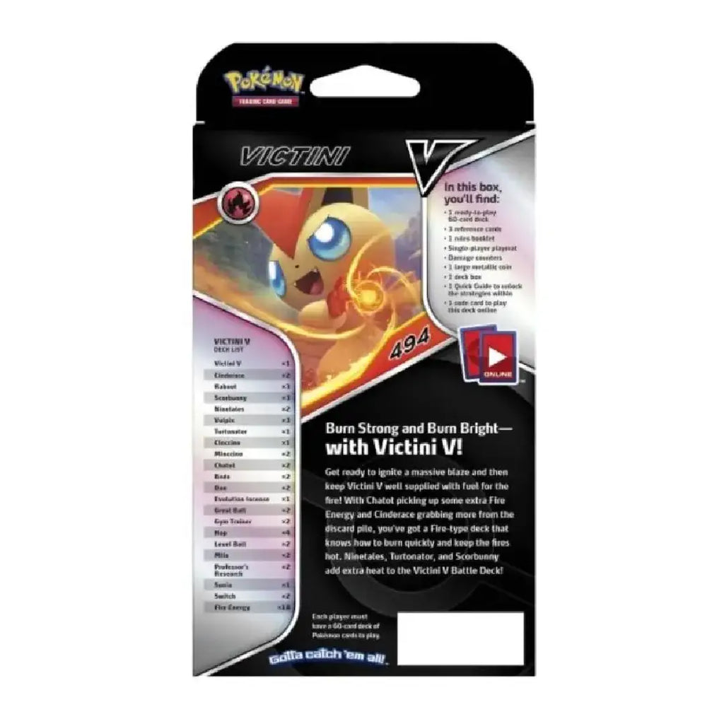 Pokémon TCG Victini V deck box packaging, showing the front cover art with the Victini character, product title, and card count on a white background.