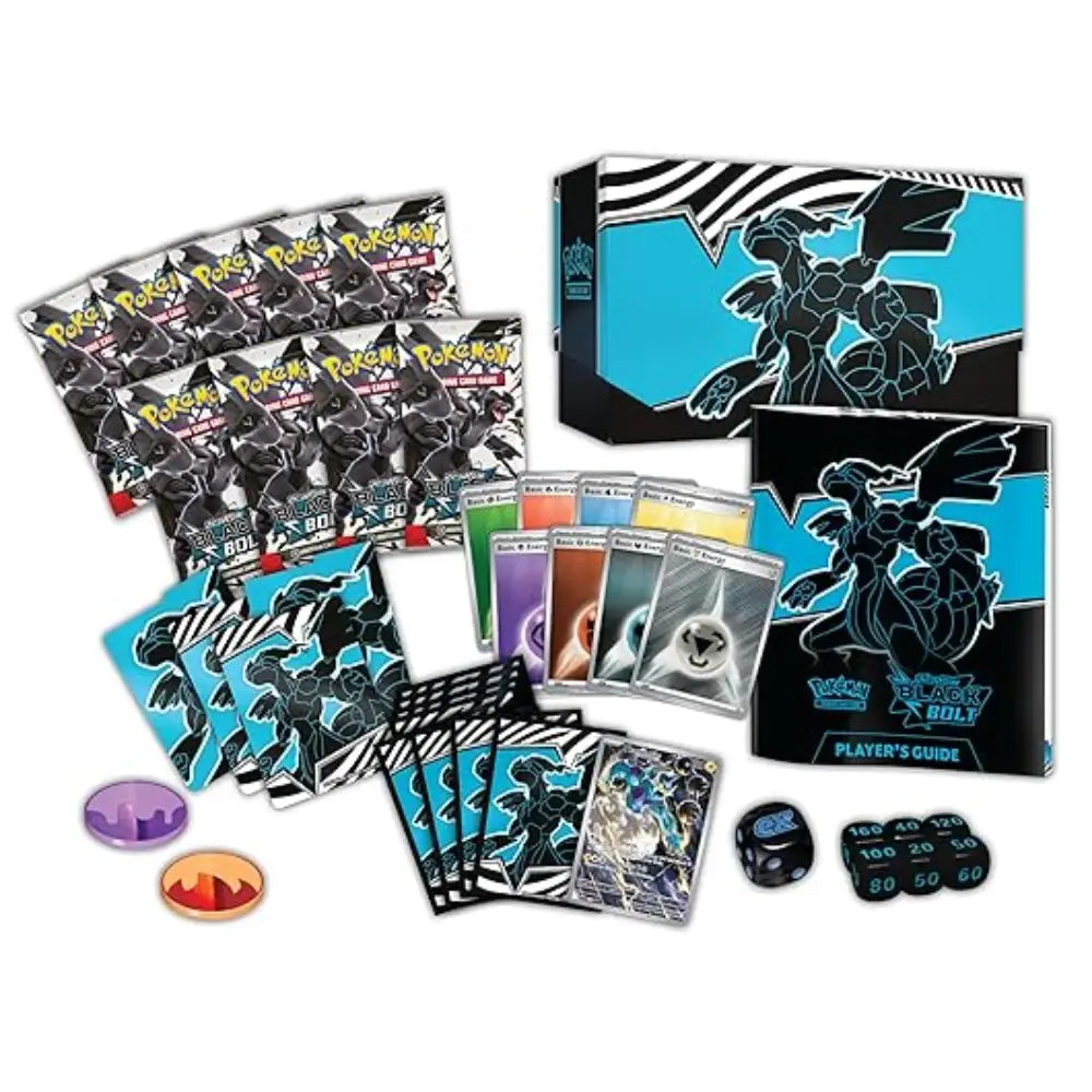 Official Pokémon TCG Black Bolt ETB complete with 9 booster packs, dice, and the exclusive full-art Thundurus promo card, ready for immediate courier dispatch from Collector Ace in Mumbai, India