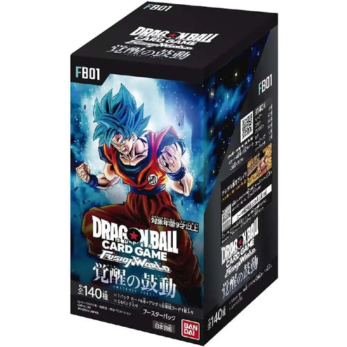 A pristine Japanese edition Dragon Ball Super Card Game Fusion World Awakened Pulse FB-01 booster box highlighting aggressive character graphics, from Collector Ace Mumbai