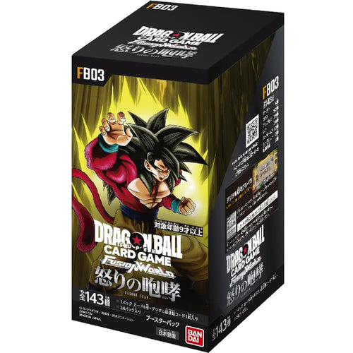 A pristine Dragon Ball Super Card Game Fusion World Raging Roar FB-03 booster box highlighting bold black-deck branding and aggressive character art, from Collector Ace Mumbai
