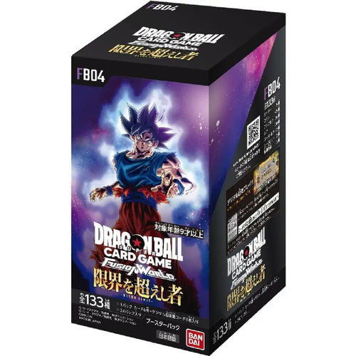 A pristine Dragon Ball Super Card Game Fusion World Ultra Limit FB-04 booster box highlighting vibrant cosmic blue branding and legendary character art, from Collector Ace Mumbai