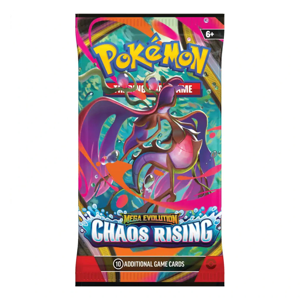 A single authentic English edition Pokémon TCG Mega Evolution Chaos Rising booster pack featuring iconic Kalos first partner artwork, from Collector Ace Mumbai
