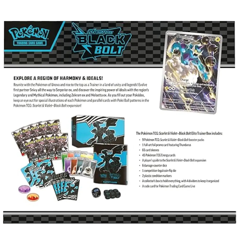 Original, factory-sealed Pokémon Black Bolt Elite Trainer Boxes with intact manufacturer shrink wrap at Collector Ace Mumbai India.